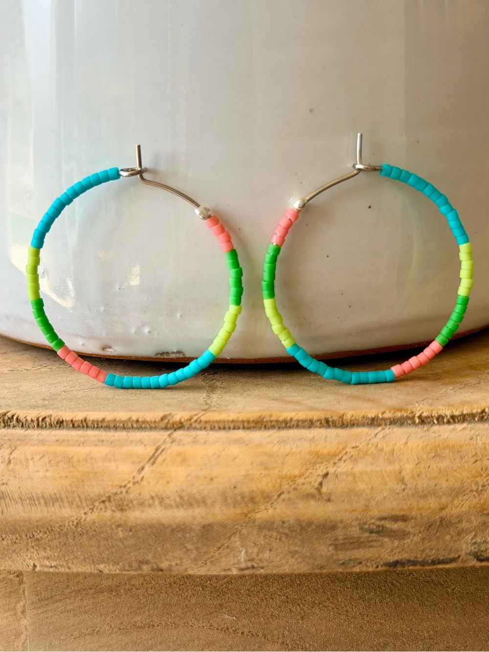 Turquoise Green and Pink Hoop Earrings